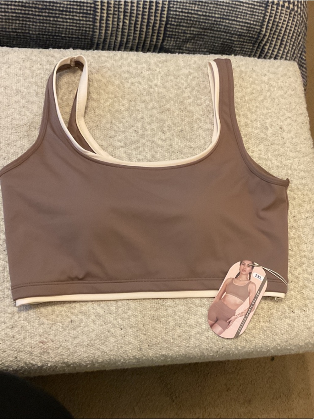 Scoop-Neck Wireless Sports Bralette in Taupe with Cream Trim
